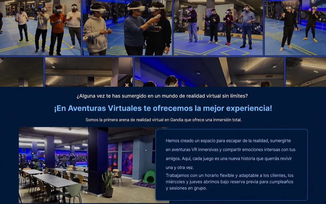 Portada de la web de Aventuras Virtuales 360, con el catálogo de experiencias de realidad virtual